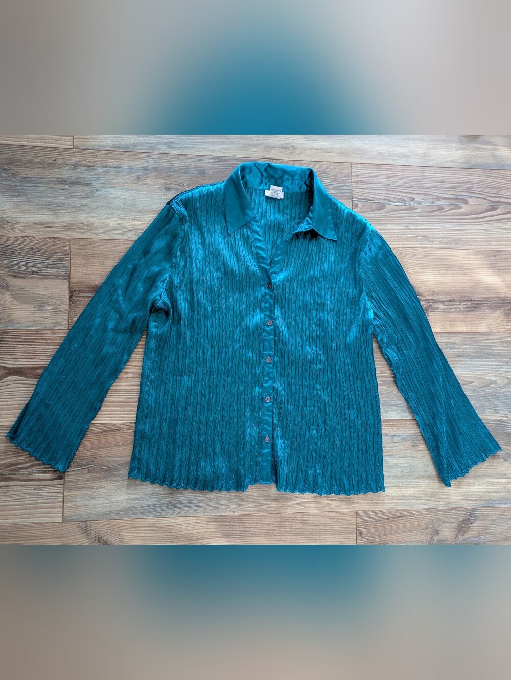 Nicola Teal Blue Pleated Collared Button-Up Long Sleeve Blouse Top 1X